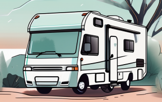 A motorhome parked in a serene outdoor setting with insurance policy documents and a protective shield symbolically placed on it