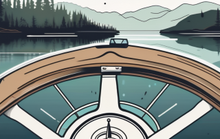 A boat steering wheel with a compass and a map