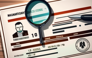 A german driver's license placed on a table with a magnifying glass hovering over it