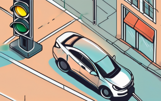 A car key on a table with a traffic light in the background