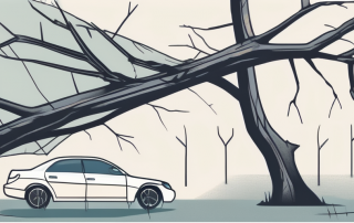 A car with a cracked windshield and a fallen tree branch nearby