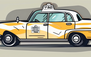 A taxi cab with a stethoscope draped around the rear-view mirror