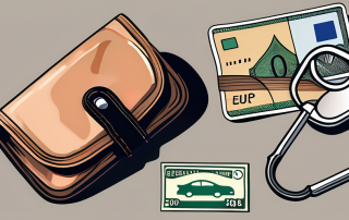 A wallet with various denominations of euro bills next to a car key