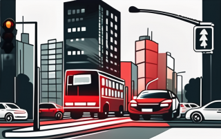 A busy city intersection with various vehicles stopped in front of a prominently displayed red traffic light