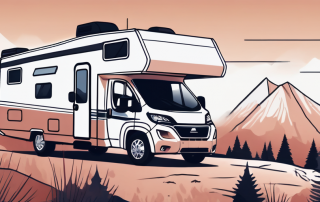 A motorhome with a driver's license placed next to it on a scenic camping background