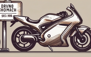 A motorcycle parked next to a driving school with a price tag hanging from the handlebar