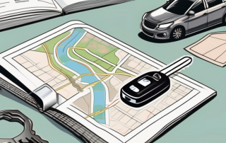 A car key on a table with a driving manual and a road map