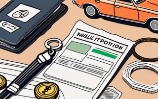 A wallet with coins and bills next to a driving test paper and a car key on a desk