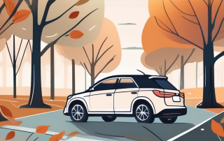 A car with a seasonal license plate parked in a serene autumn landscape