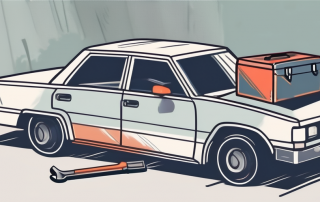 A car with visible dents and scratches parked on the side of a road