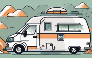 A camper van with different types of insurance shields hovering over it