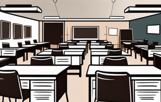 A classroom setting with desks