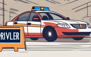 A driver's license placed on a desk with a police hat and a traffic sign in the background