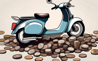 A moped parked near a pile of coins and a banknote to depict the cost of a moped license