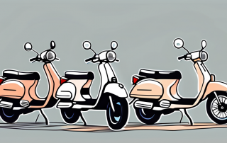 A moped on a road with various price tags hanging from its parts