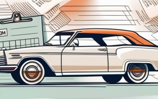 A classic car with an h license plate parked next to an insurance policy document