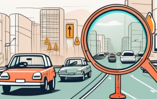 A car on a road with a series of traffic signs and a large magnifying glass hovering over them