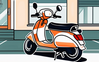 A moped parked near a driving school with a price tag attached