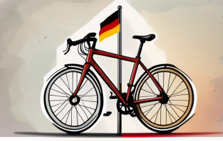A bicycle leaning against a signpost that has a bicycle symbol and a german flag