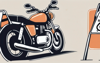 A motorcycle parked next to a series of road signs