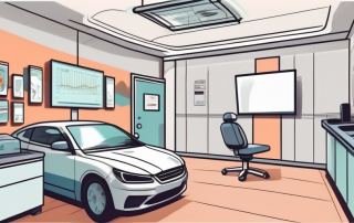 A medical examination room with a driving simulator