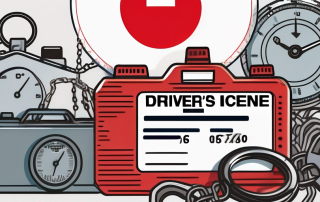 A driver's license surrounded by various symbolic restrictions like chains