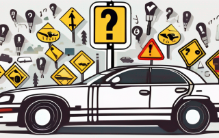 A driving school car with a question mark symbol