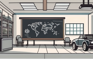 A classroom setting with a blackboard displaying car-related diagrams and symbols