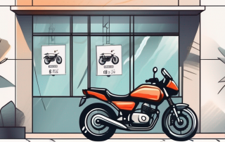 A motorcycle parked near a driving school with price tags hanging from the handlebars