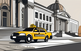 A taxi cab parked in front of a city hall with a large calendar in the background