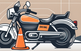A motorcycle parked near a row of driving school cones