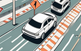 A car on a road with various road signs and obstacles