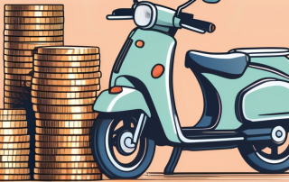 A moped parked next to a stack of coins and a piggy bank to represent the cost of obtaining a moped license