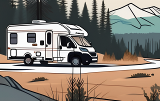 A class b driver's license next to a motorhome parked in a scenic camping spot