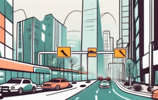 A cityscape with traffic signs indicating a driving ban