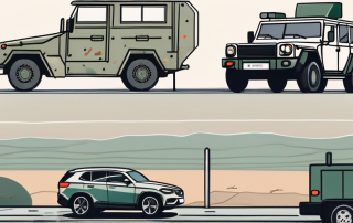 A german bundeswehr military vehicle and a civilian car side by side on a road