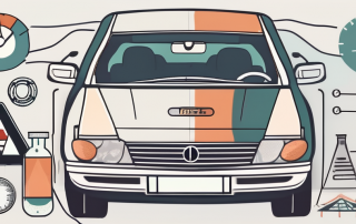 A car on a road with various testing and measurement tools around it