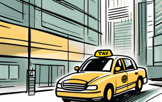 A taxi cab with an open door and a certification or license symbol hovering above it