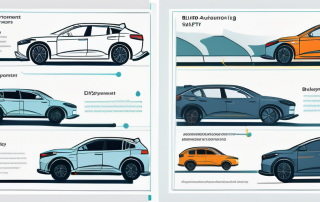 Auto-Sicherheitsfunktionen in Aktion mit automatischem Bremsen, Totwinkelueberwachung und fortschrittlichen Airbagsystemen, betont durch ruhige Farbpalette fuer Sicherheit und Zuverlaessigkeit.
