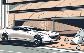 A car parked under a protective cover with falling stones nearby