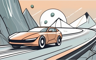 A car driving on a mountainous road with falling rocks