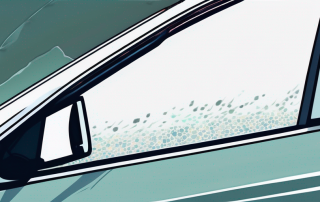 Nahaufnahme einer Windschutzscheibe mit kleinem, rundem Steinschlagschaden, der Details und Klarheit des Glases betont.