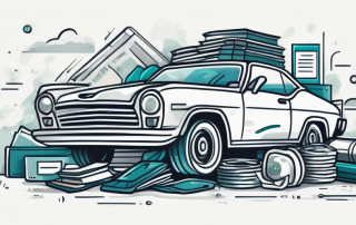 Kreativ dargestellte Autofahrversicherungsdokumente und Symbole, die haeufige Versicherungsbegriffe abstrakt illustrieren, um die Komplexitaet der Kfz-Versicherungsprozesse zu betonen.