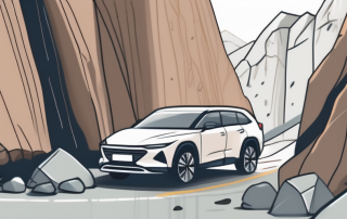 A car parked under a protective cover with falling rocks in the background