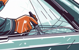 Nahaufnahme eines Fachmanns bei der praezisen Reparatur eines Steinschlags in der Windschutzscheibe eines Autos mit Spezialwerkzeugen.