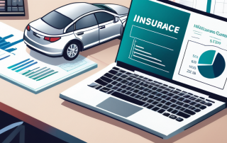 Autoversicherungsunterlagen mit Diagrammen und offenes Laptop mit Versicherungsvergleichsseiten, Rechner und Stift auf dem Schreibtisch.