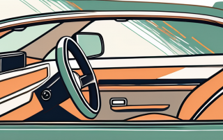 A car's steering wheel with a safety belt wrapped around it