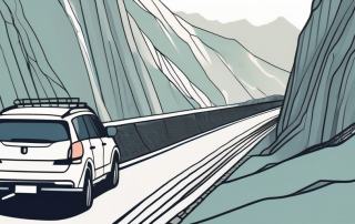 A car driving on a mountainous road