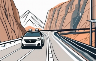 A car on a mountainous road with a safety net on the side of the cliffs to prevent rockfalls