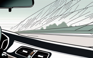 Nahaufnahme einer Windschutzscheibe eines Autos mit Rissen und Steinschlagschäden, verschwommener Hintergrund einer Autobahn.